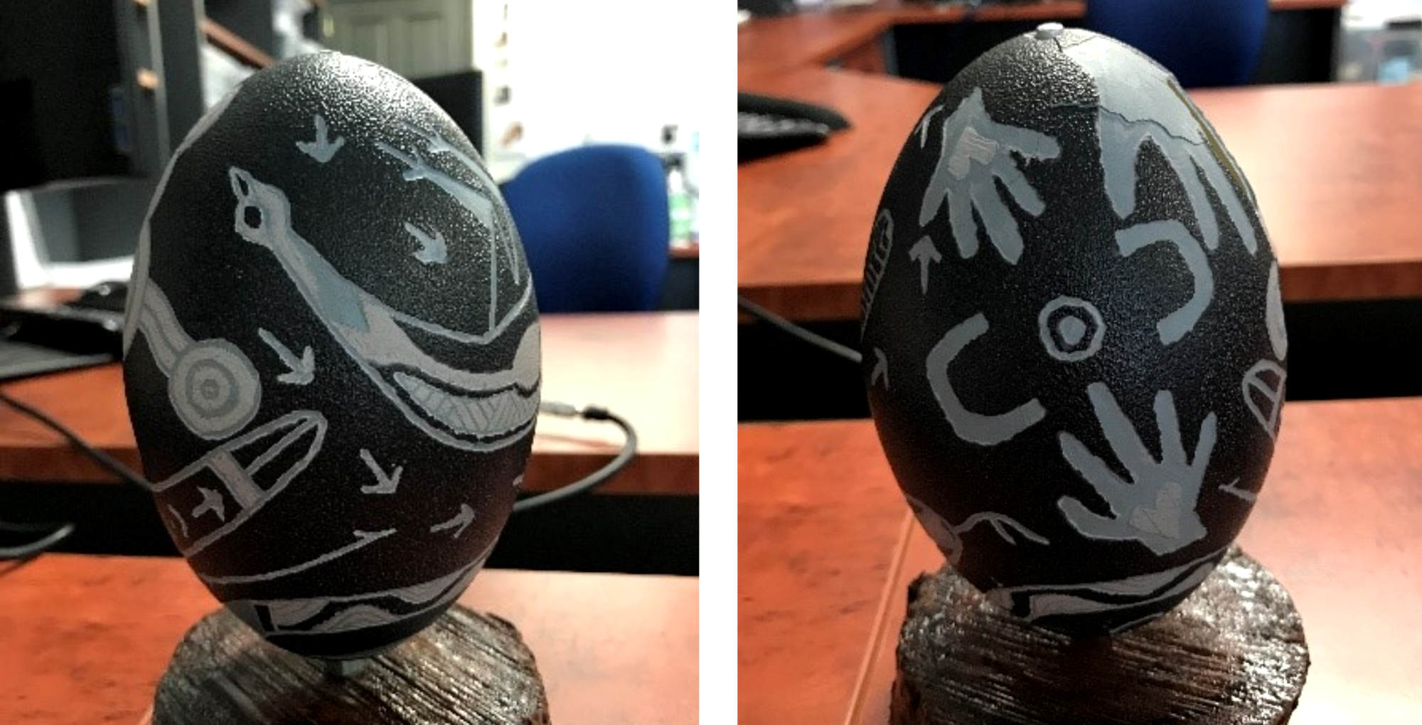 The emu egg Nathan carved for Sue to say thank you.