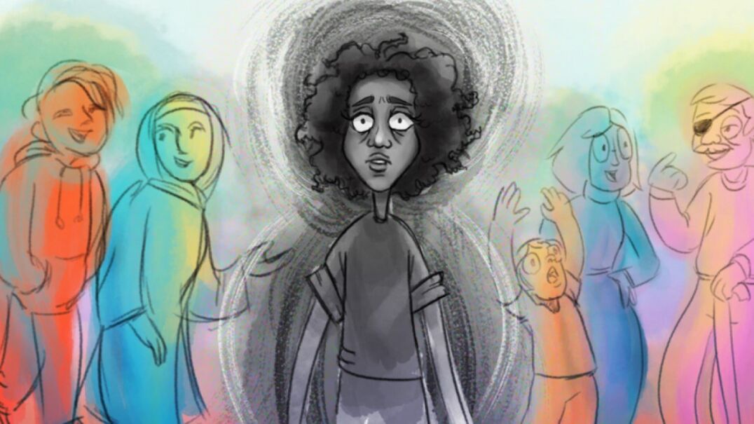 illustration of people with girl with worried expression in the centre