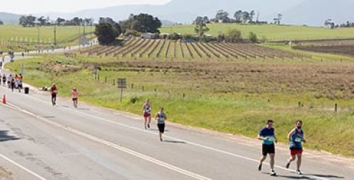 A group of people running on the road in a competition