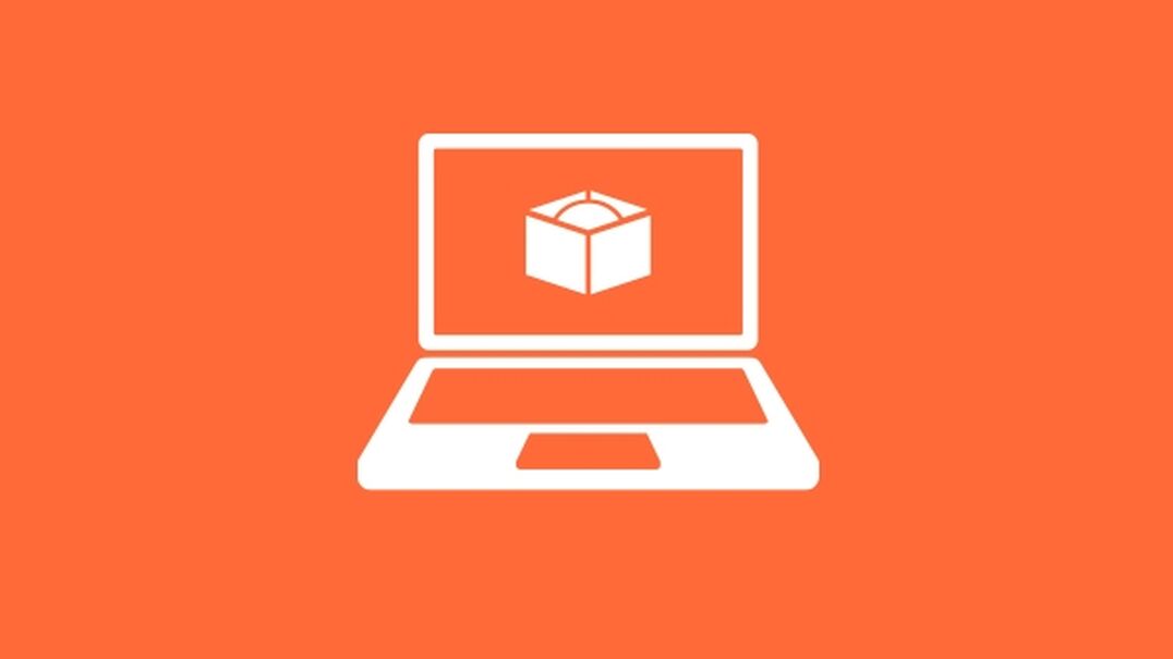 White laptop icon with orange background
