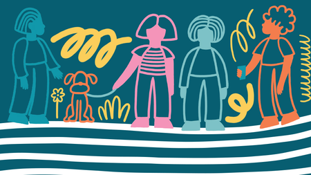 a coloured drawing of four people and a dog